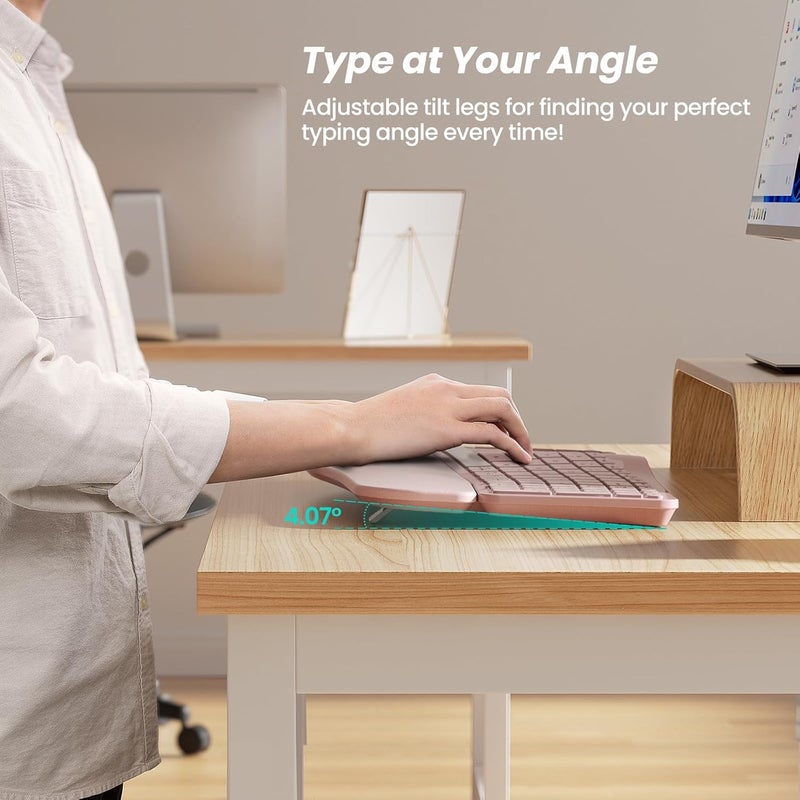 Nulea Wireless Ergonomic Keyboard, Split Keyboard with Cushioned Wrist Rest, Bluetooth and USB Connectivity, USB-C Rechargeable, Compatible with Windows Mac (Grey Pink) - Image 4